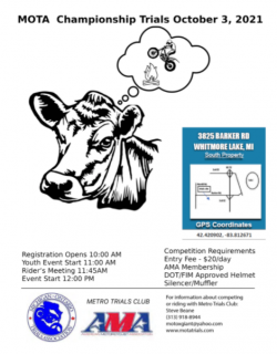 An image of an upcoming event flyer.  It features a cow dreaming of Trials Riders visiting its farm.